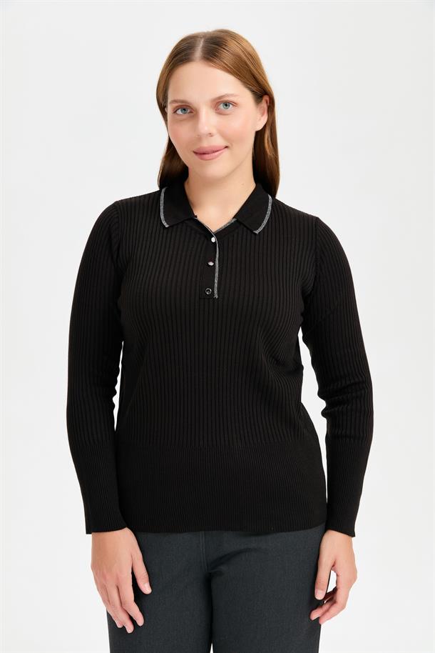 Büyük Beden Simli Polo Yaka Triko Kazak-SİYAH