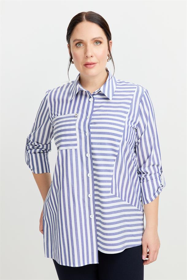 Büyük Beden Soyut Çizgi Gömlek-İNDİGO