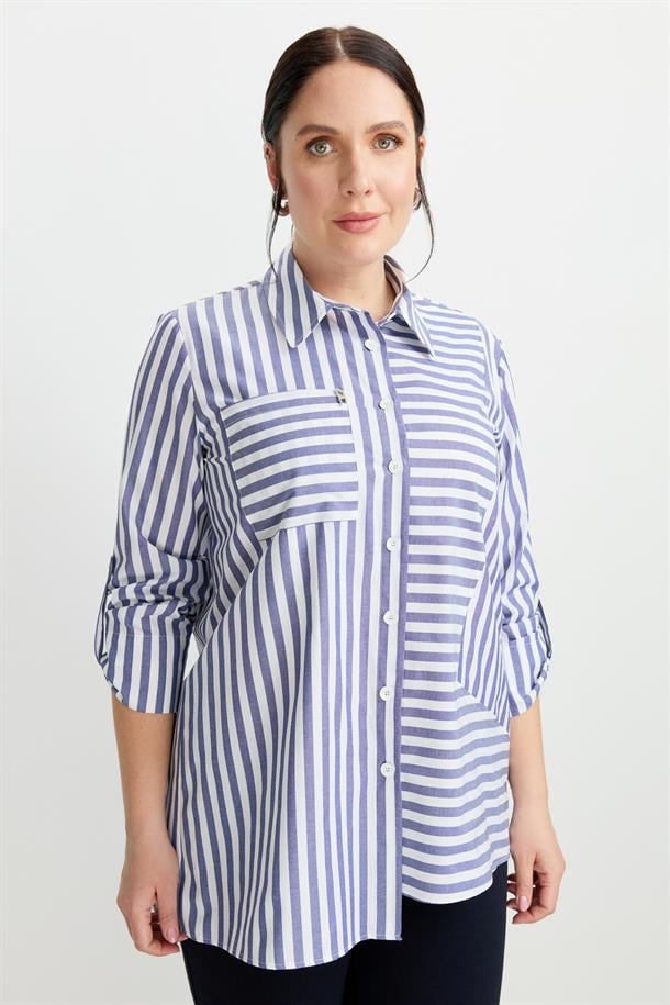 Büyük Beden Soyut Çizgi Gömlek-İNDİGO