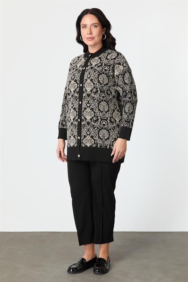 Büyük Beden Soyut Desenli Triko Hırka-SİYAH/KEMİK