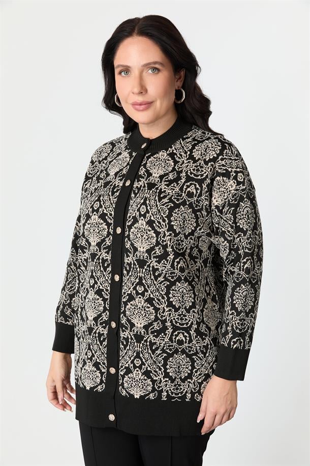 Büyük Beden Soyut Desenli Triko Hırka-SİYAH/KEMİK