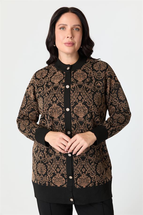 Büyük Beden Soyut Desenli Triko Hırka-SİYAH/CAMEL