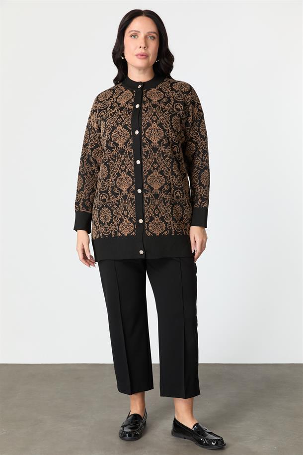 Büyük Beden Soyut Desenli Triko Hırka-SİYAH/CAMEL