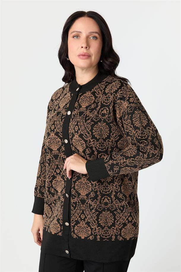 Büyük Beden Soyut Desenli Triko Hırka-SİYAH/CAMEL