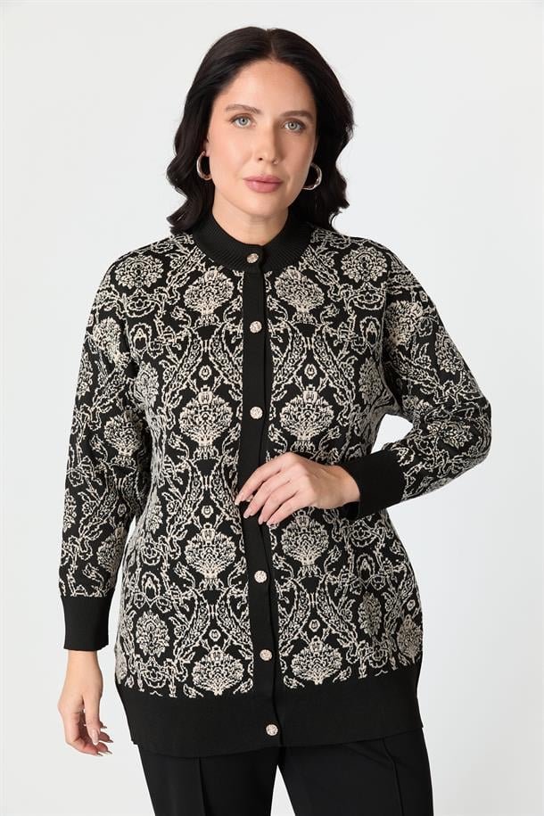 Büyük Beden Soyut Desenli Triko Hırka-SİYAH/KEMİK