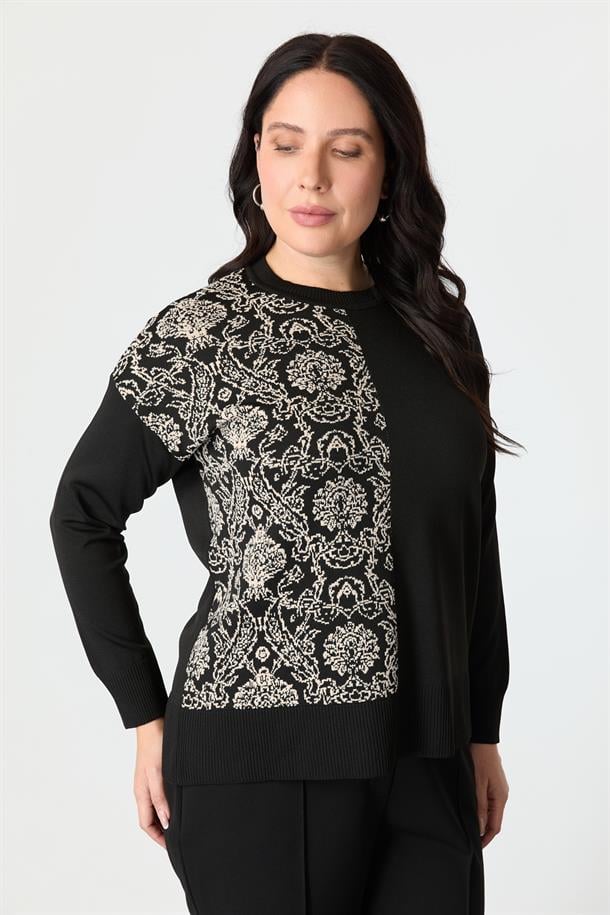 Büyük Beden Soyut Desenli Triko Kazak-SİYAH/KEMİK