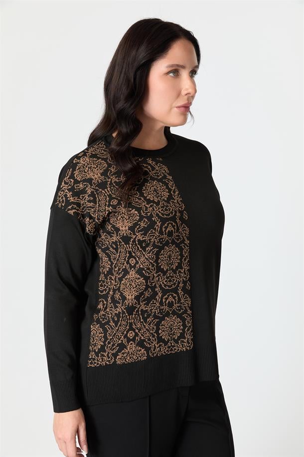 Büyük Beden Soyut Desenli Triko Kazak-SİYAH/CAMEL