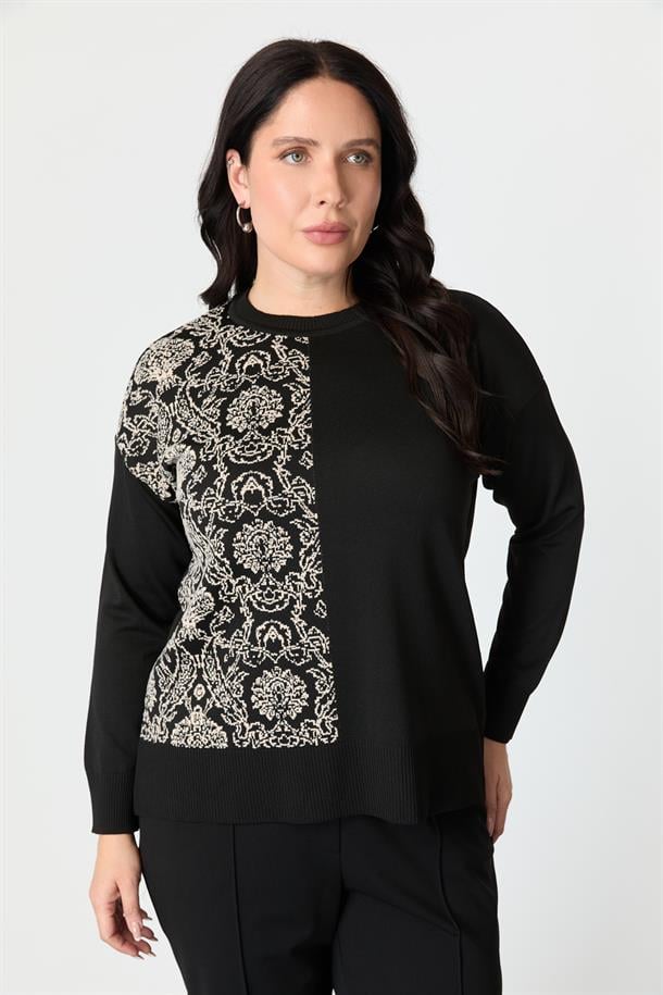 Büyük Beden Soyut Desenli Triko Kazak-SİYAH/KEMİK
