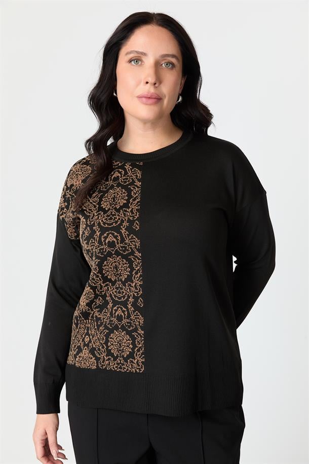 Büyük Beden Soyut Desenli Triko Kazak-SİYAH/CAMEL