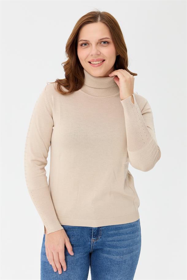 Büyük Beden Tam Balıkçı Basic Triko Kazak-TAŞ