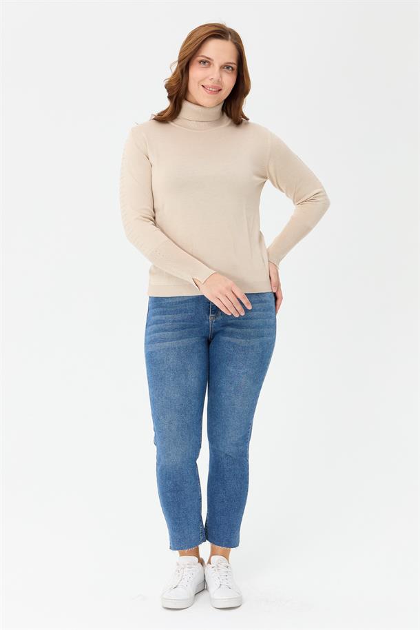 Büyük Beden Tam Balıkçı Basic Triko Kazak-TAŞ