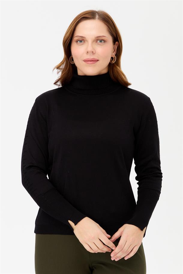 Büyük Beden Tam Balıkçı Basic Triko Kazak-SİYAH