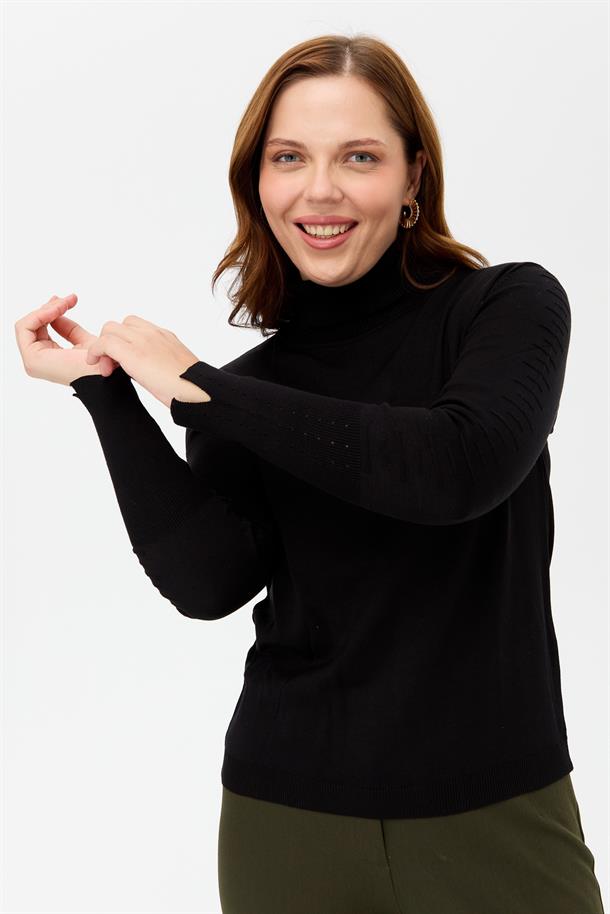 Büyük Beden Tam Balıkçı Basic Triko Kazak-SİYAH