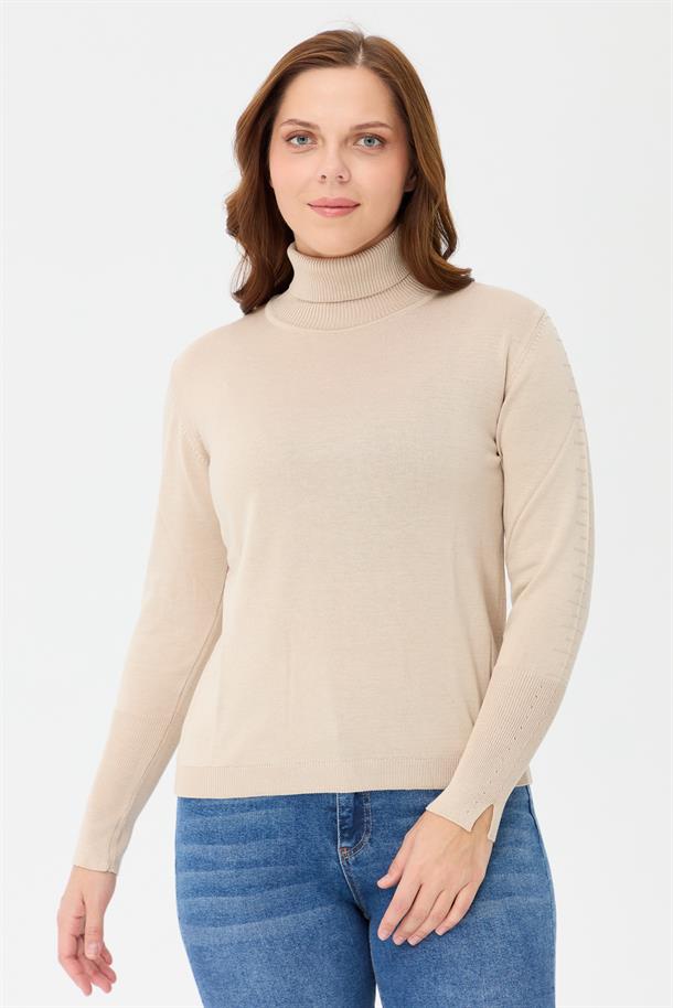 Büyük Beden Tam Balıkçı Basic Triko Kazak-TAŞ