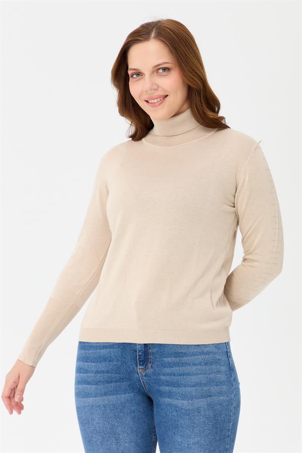 Büyük Beden Tam Balıkçı Basic Triko Kazak-TAŞ