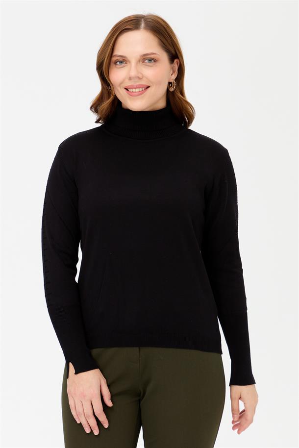 Büyük Beden Tam Balıkçı Basic Triko Kazak-SİYAH