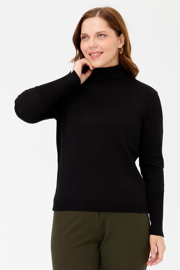 Büyük Beden Tam Balıkçı Basic Triko Kazak-SİYAH