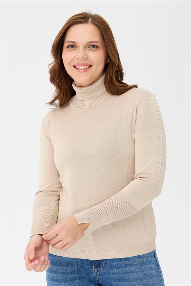 Büyük Beden Tam Balıkçı Basic Triko Kazak-TAŞ