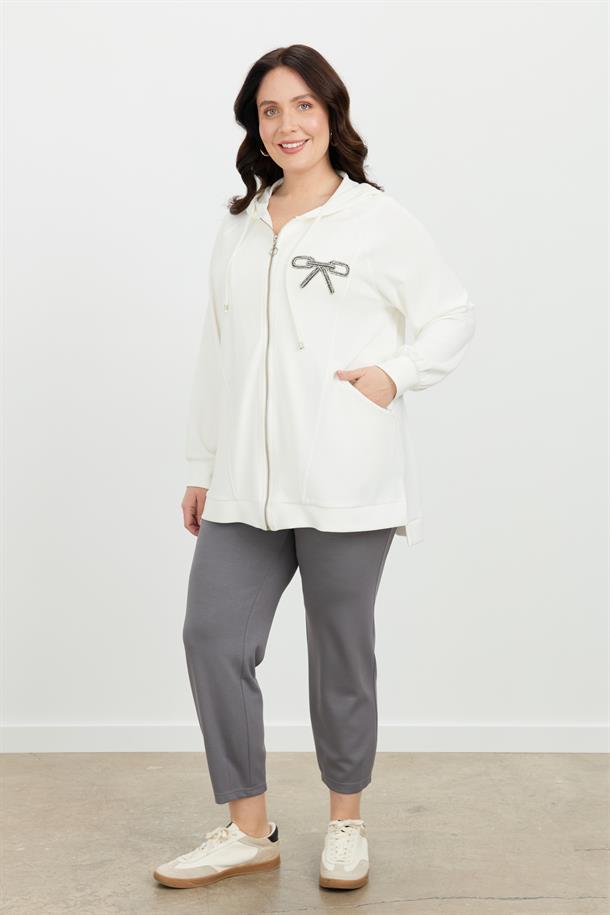 Büyük Beden Taş Baskı Sweatshirt-EKRU