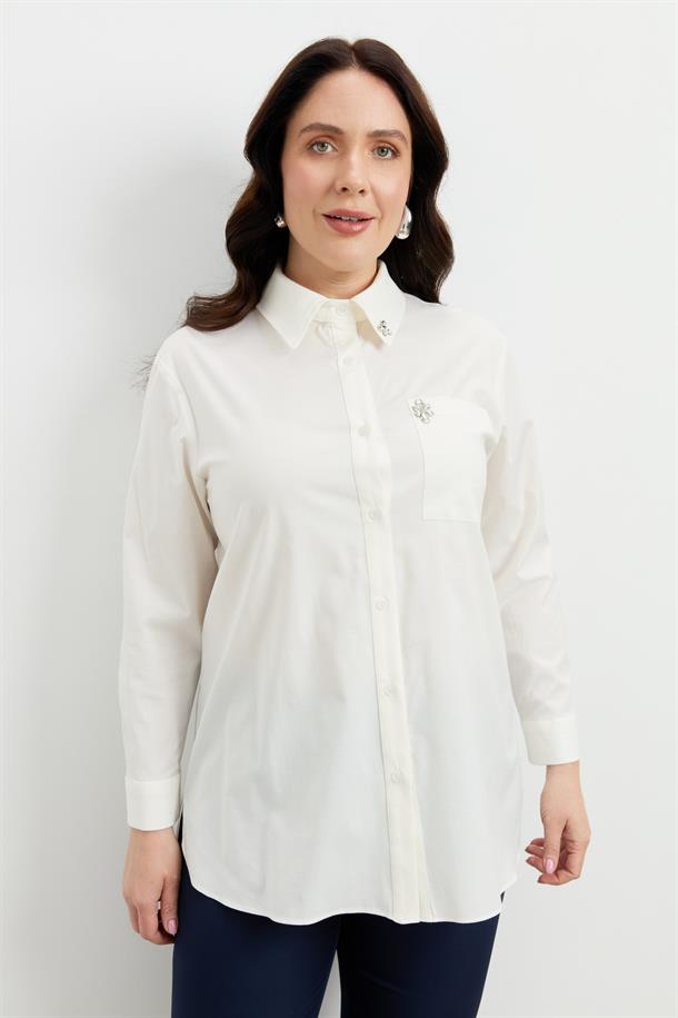 Büyük Beden Taş Detay Gömlek-KEMIK