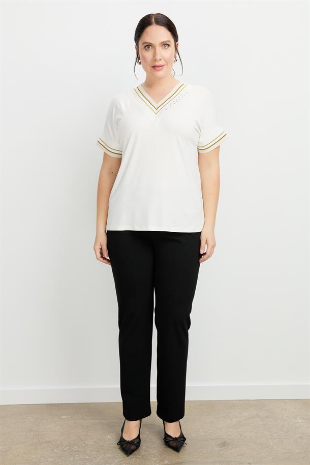 Büyük Beden Taş Detay V Yaka Bluz-KEMIK