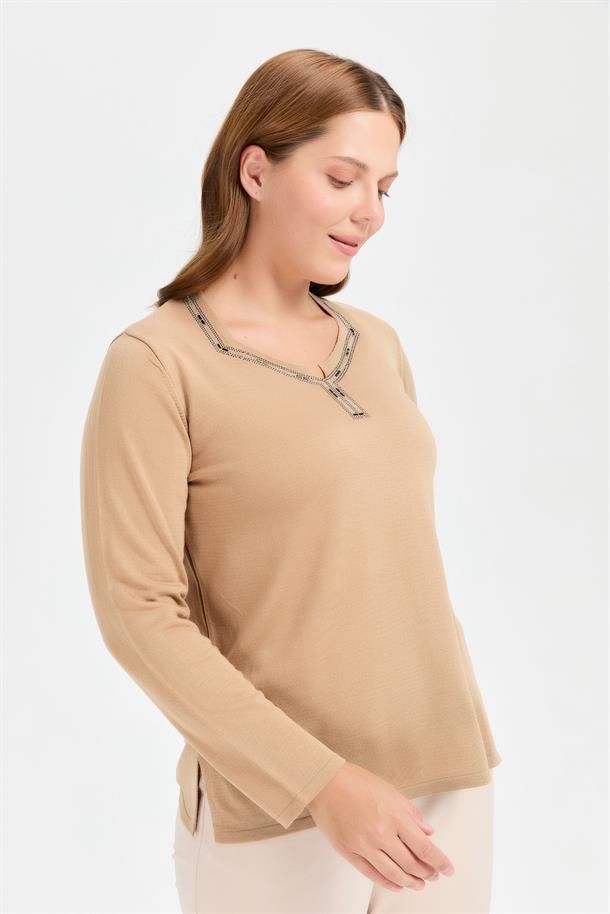 Büyük Beden Taşlı Triko Kazak-CAMEL