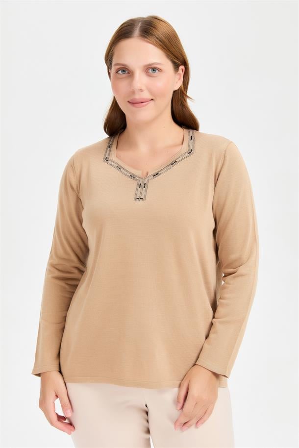 Büyük Beden Taşlı Triko Kazak-CAMEL