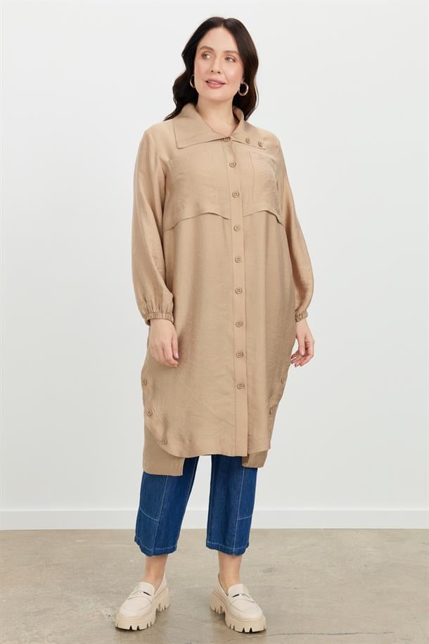 Büyük Beden Tencel Gömlek Tunik-VİZON