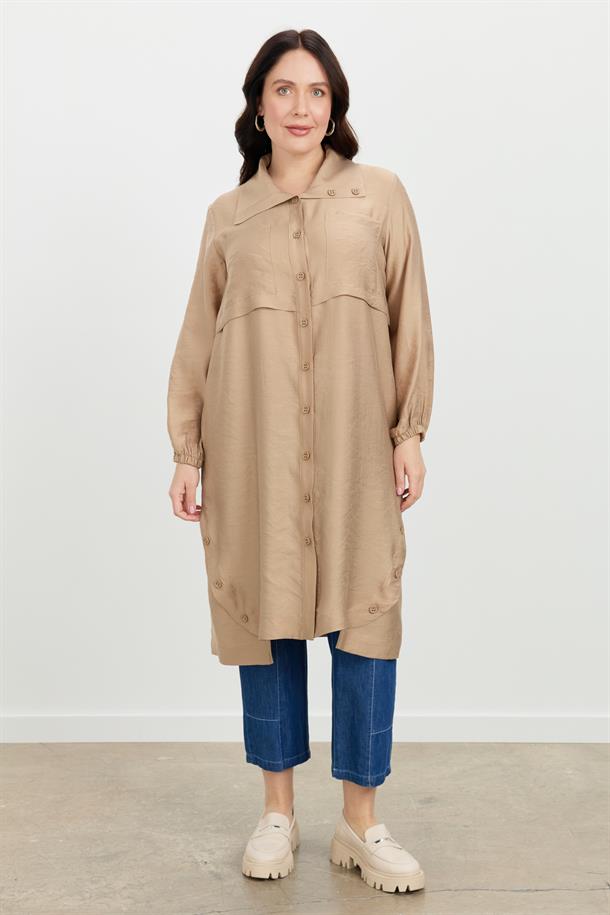 Büyük Beden Tencel Gömlek Tunik-VİZON