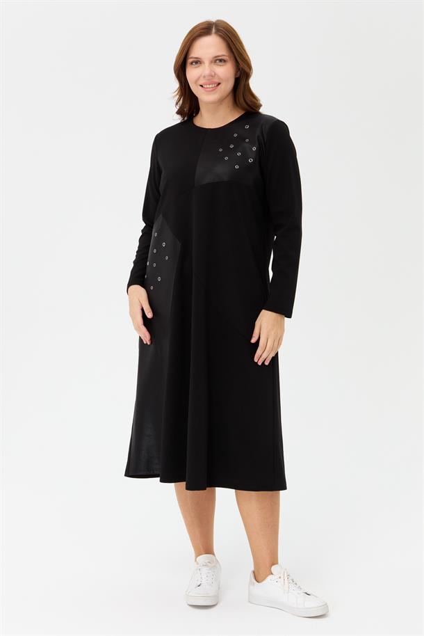 Büyük Beden Trok Detaylı Elbise-SİYAH