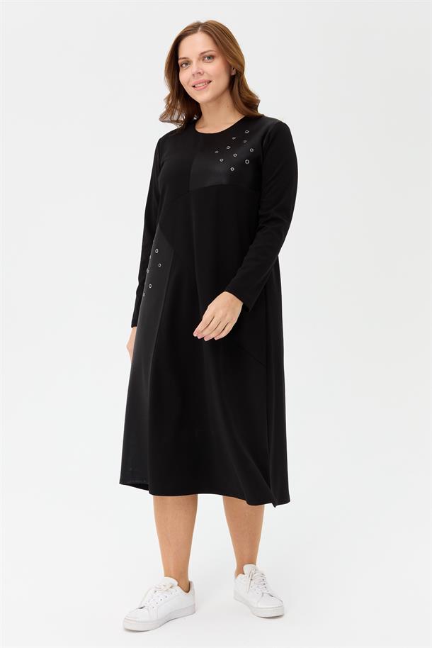 Büyük Beden Trok Detaylı Elbise-SİYAH