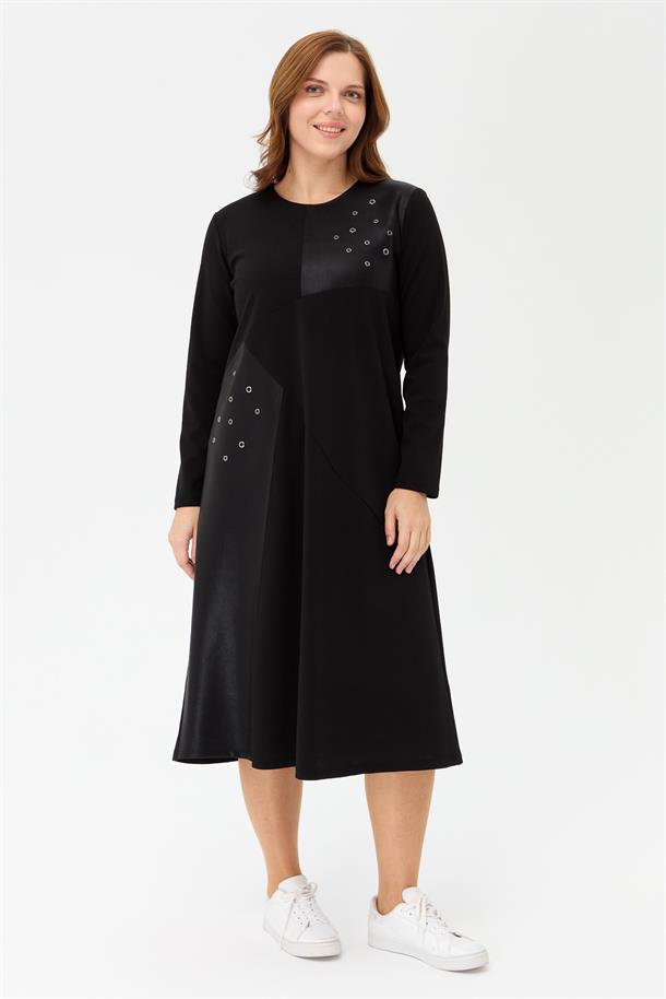 Büyük Beden Trok Detaylı Elbise-SİYAH
