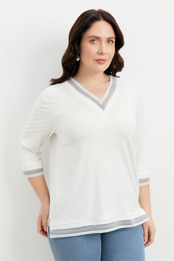 Büyük Beden Tül Şerit Detaylı Bluz-GRİ