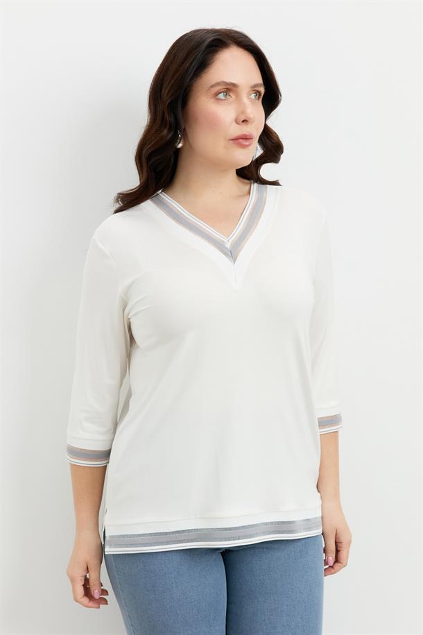 Büyük Beden Tül Şerit Detaylı Bluz-GRİ