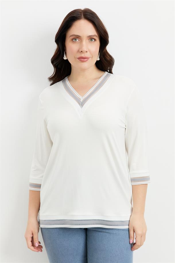 Büyük Beden Tül Şerit Detaylı Bluz-GRİ