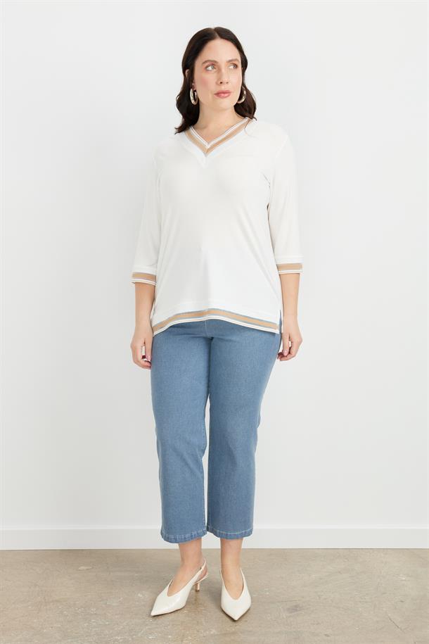 Büyük Beden Tül Şerit Detaylı Bluz-TAŞ