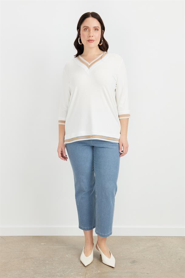 Büyük Beden Tül Şerit Detaylı Bluz-TAŞ