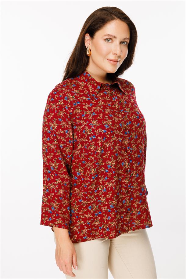 Büyük Beden Uzun Kollu Çiçekli Gömlek-BORDO