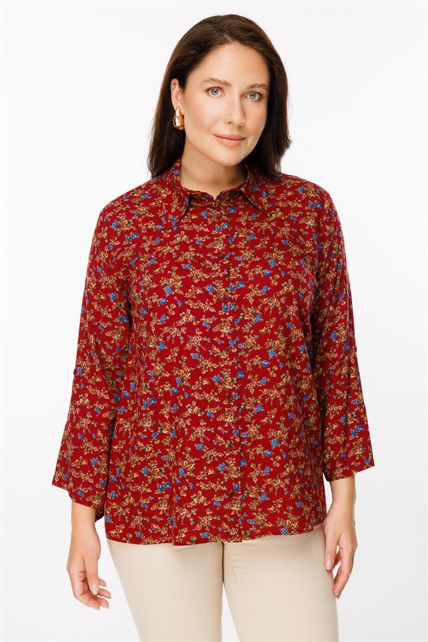 Büyük Beden Uzun Kollu Çiçekli Gömlek-BORDO