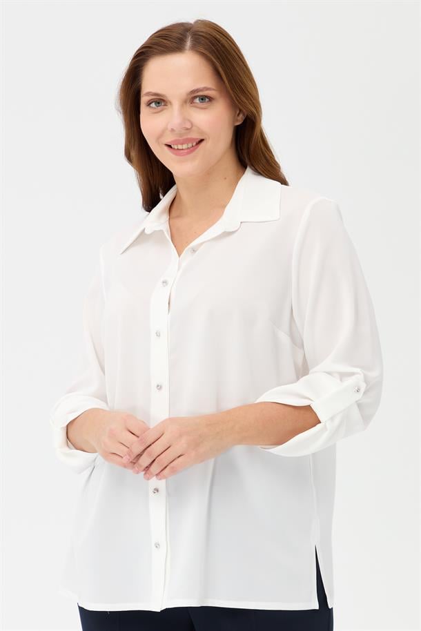 Büyük Beden Uzun Kollu Gömlek-EKRU