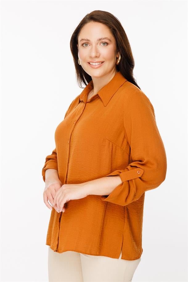 Büyük Beden Uzun Kollu Gömlek-KİREMİT