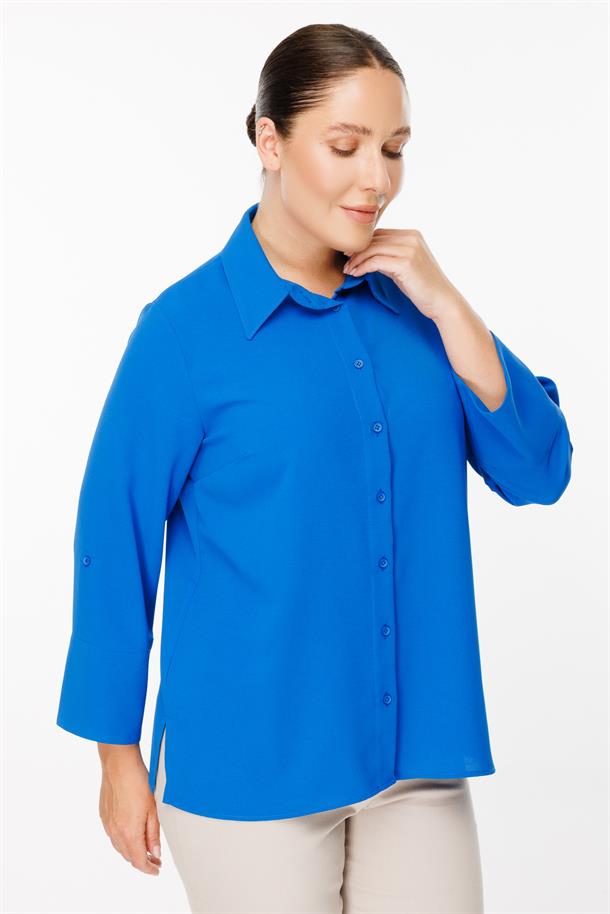 Büyük Beden Uzun Kollu Gömlek-SAX