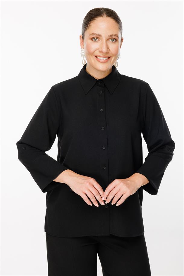 Büyük Beden Uzun Kollu Gömlek-SİYAH