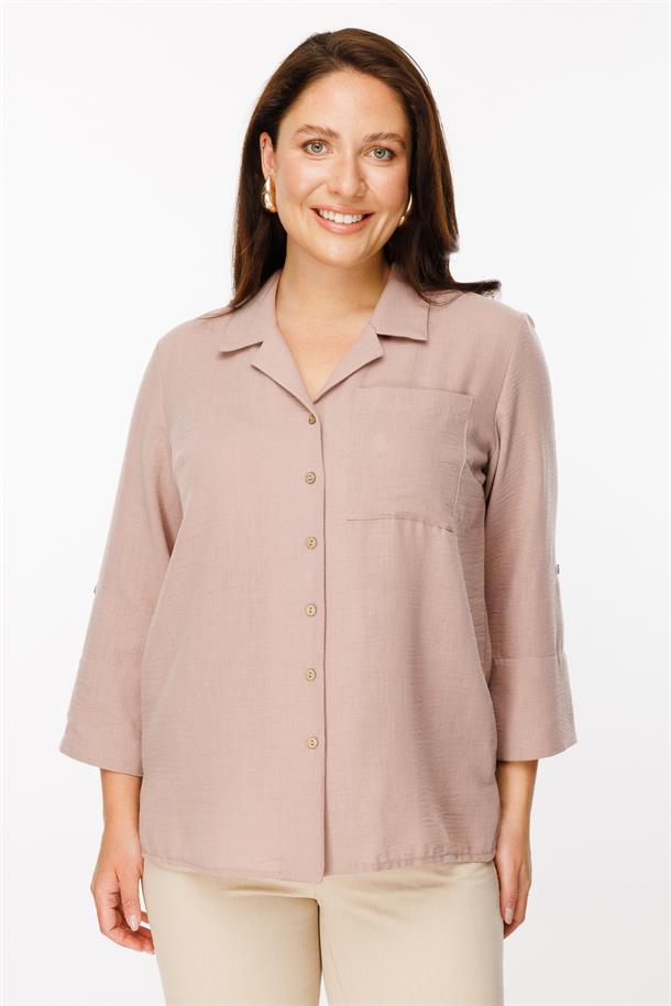 Büyük Beden Uzun Kollu Keten Gömlek-GÜL KURUSU