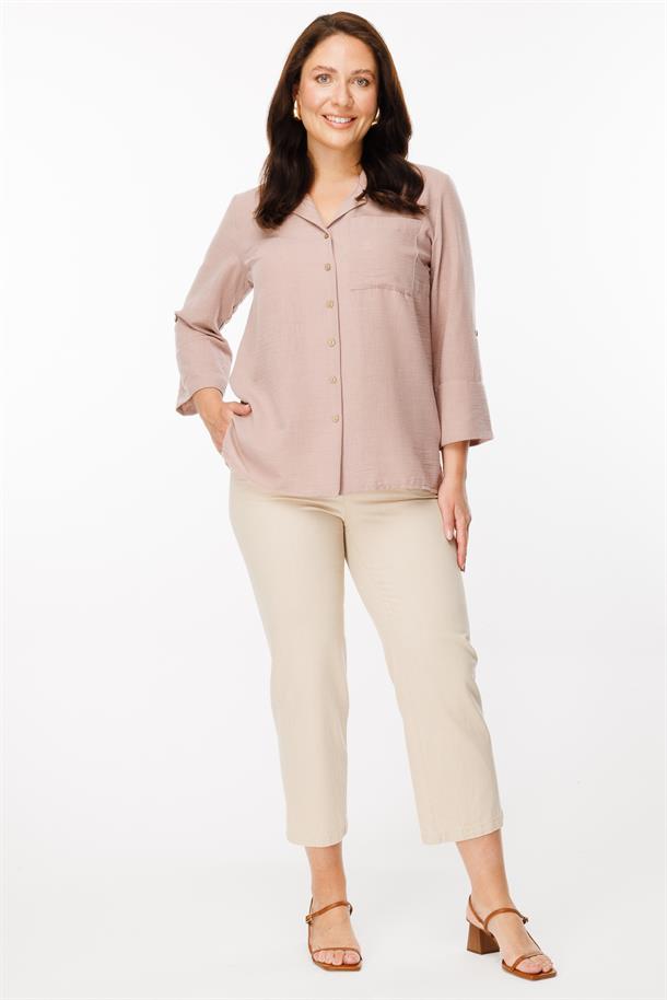 Büyük Beden Uzun Kollu Keten Gömlek-GÜL KURUSU