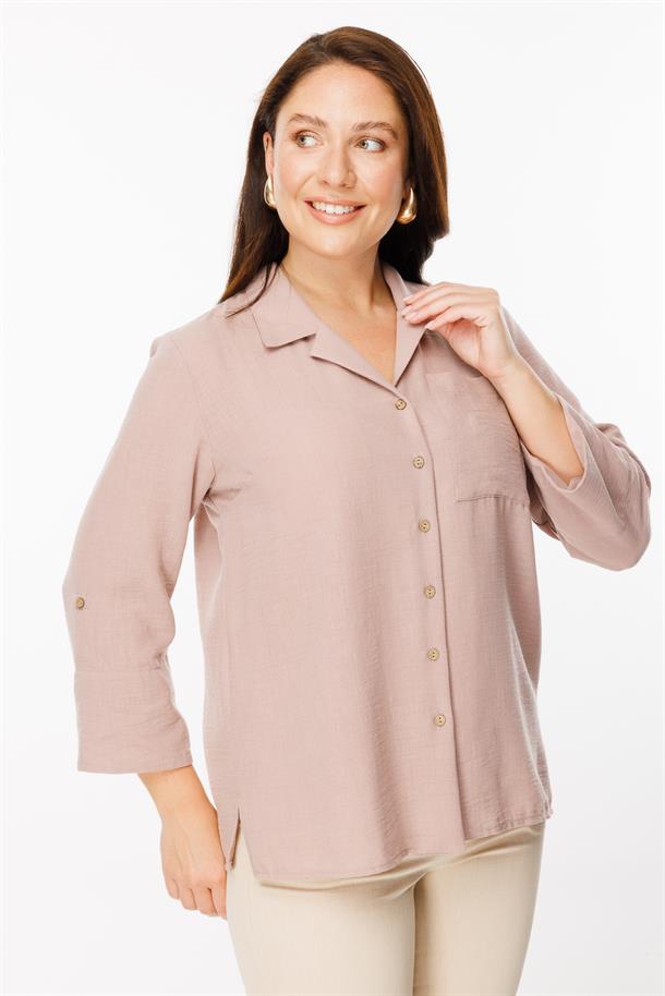 Büyük Beden Uzun Kollu Keten Gömlek-GÜL KURUSU