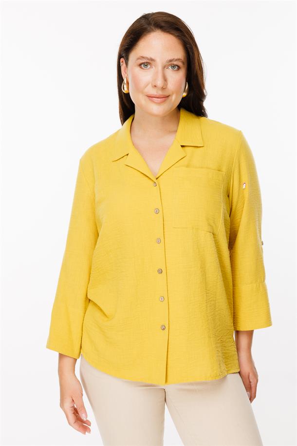 Büyük Beden Uzun Kollu Keten Gömlek-SAFRAN