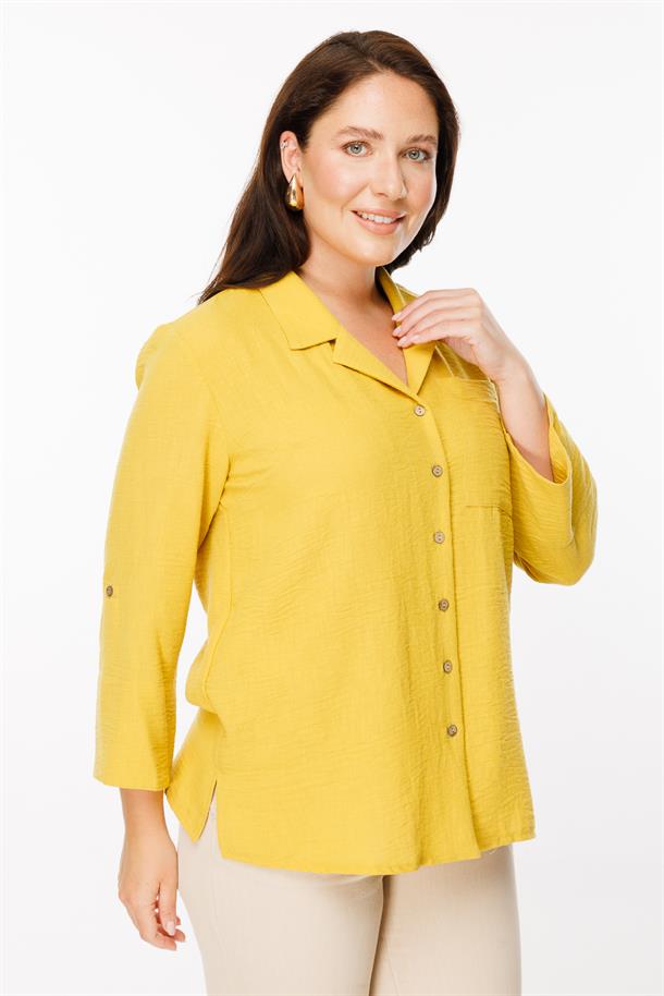 Büyük Beden Uzun Kollu Keten Gömlek-SAFRAN