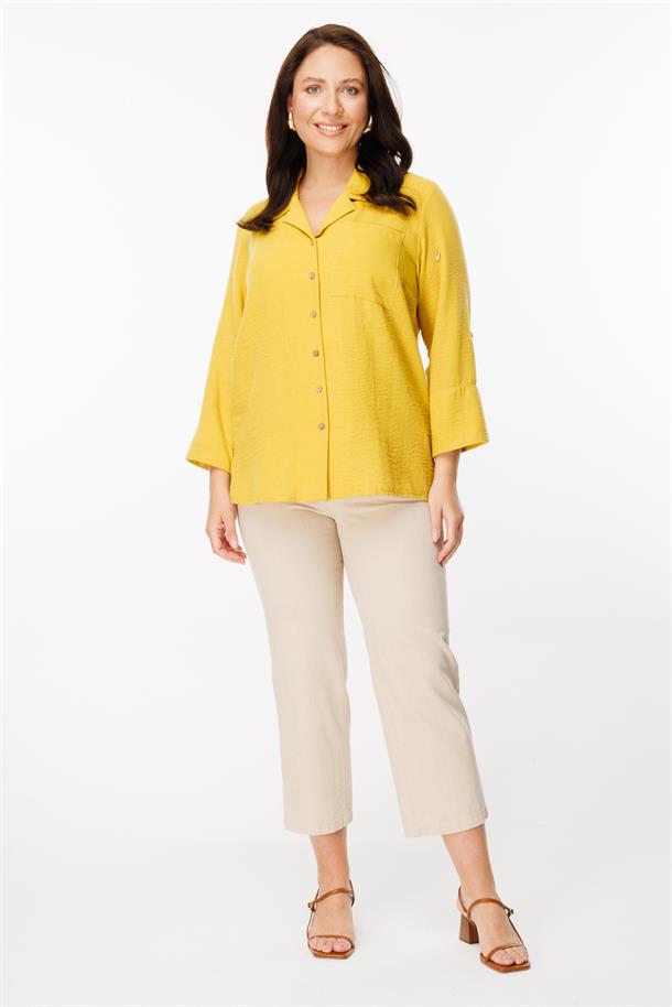 Büyük Beden Uzun Kollu Keten Gömlek-SAFRAN