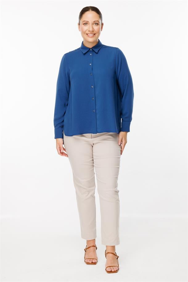 Büyük Beden Uzun Kollu Yanı Yırtmaçlı Gömlek-İNDİGO